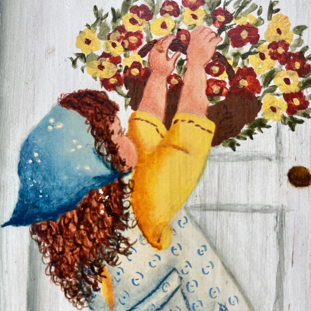 Vintage Hand Painted Wood Wall MirrorFolk Art Girl Flower Basket Ivy